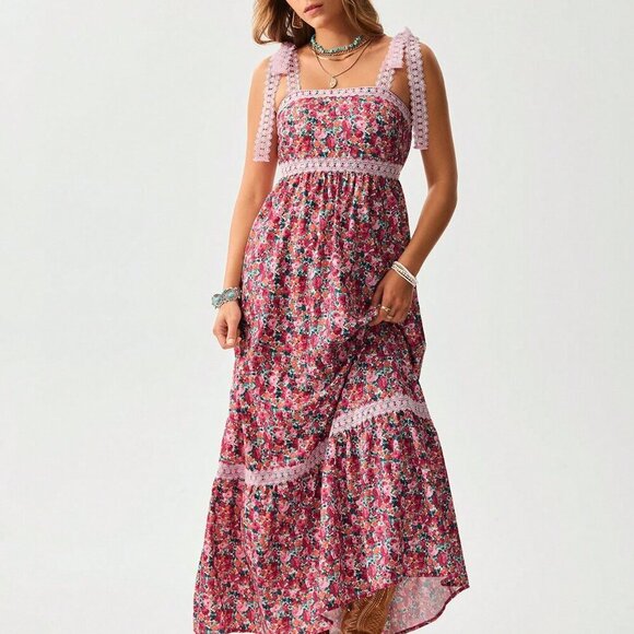 Pink Boho Women's Cowgirl Style Floral Lace Patchwork Dress - Picture 4 of 6